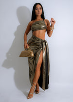 Shimmering gold ruched skirt and coordinating top set for women