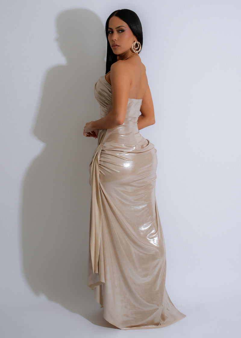 Elegant and Luxurious Gilded Tide Ruched Metallic Maxi Dress in Shimmering Gold