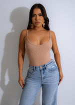 Caught In The Drama Ribbed Bodysuit Nude - Front view with crisscross neckline and high-cut leg