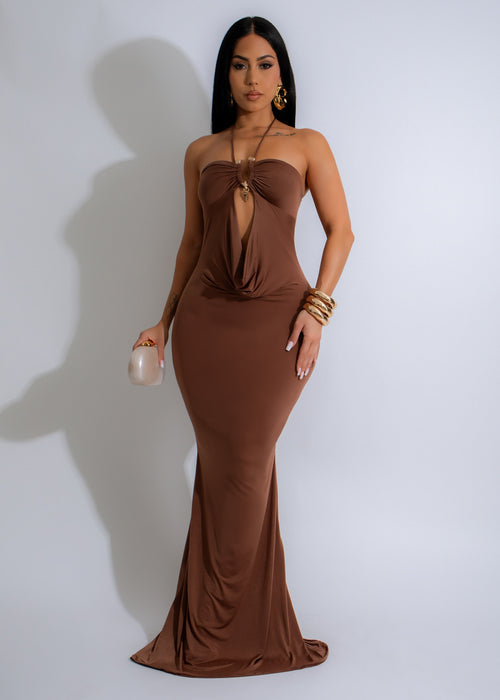 Siren’s Embrace Maxi Dress Brown, a flowy and elegant attire for any special occasion, featuring a flattering v-neck and intricate lace detailing