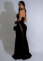 Elegant and stylish black maxi dress with floral mesh and velvet