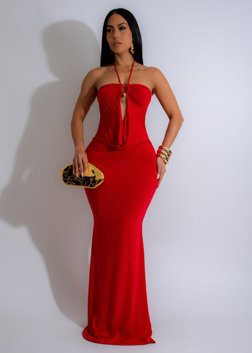 Siren’s Embrace Maxi Dress Red, a stunning red dress with elegant design and flowing silhouette, perfect for special occasions and evening events