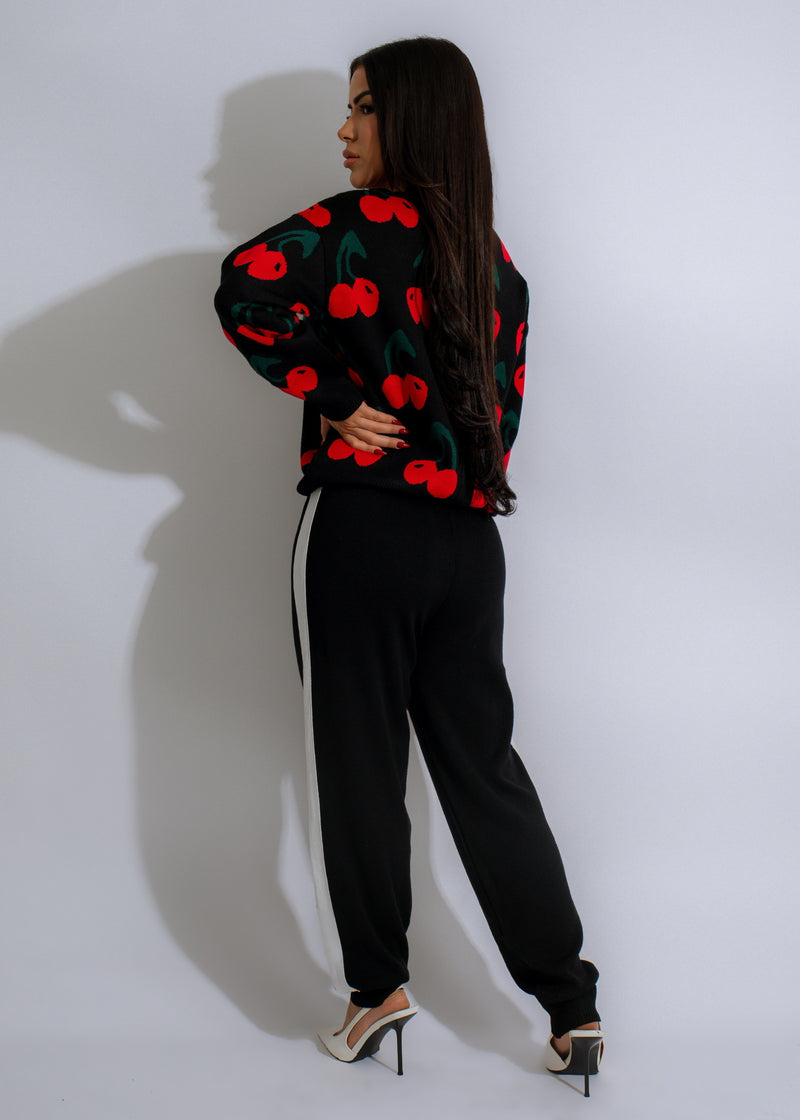  Cozy and stylish Sweet Orchard Cherry Lounge Knit Pant Set Black in black color with matching top