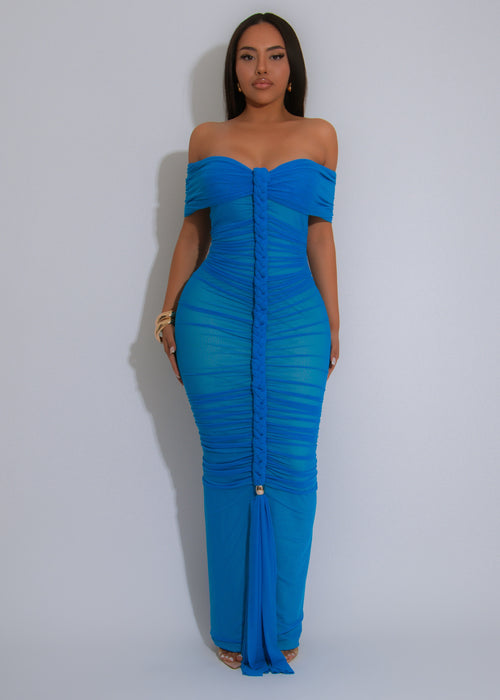 Luxe Goddess Ruched Mesh Maxi Dress Blue