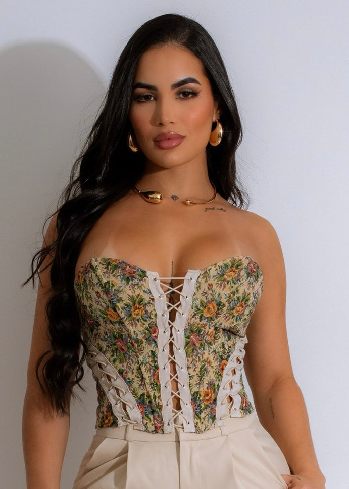 Beautiful nude corset top with autumn tapestry design, perfect for fall fashion