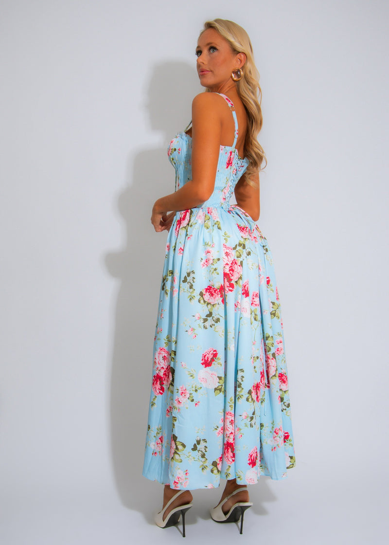 The Rosette Charm Floral Midi Dress Blue