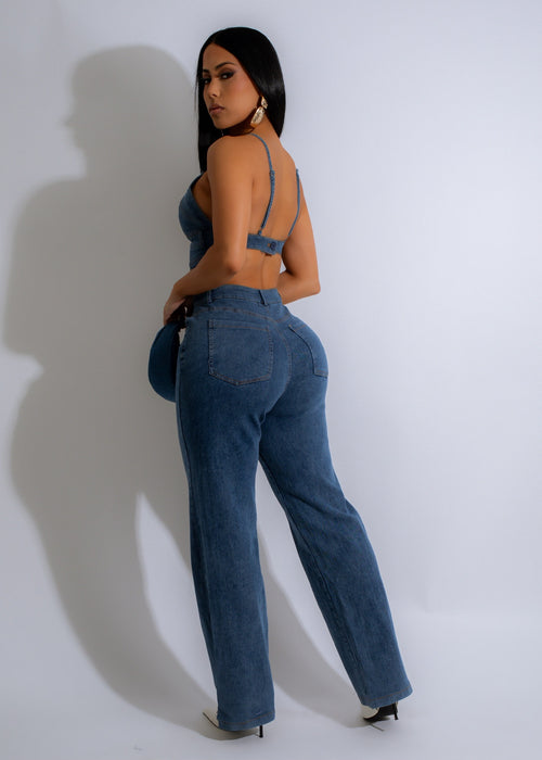 Two-piece Blue Haze Duo Pant Set Denim featuring a cropped denim top and high-waisted flared pants