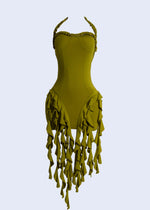 Meadowfall Ruffle Mini Dress Green* with delicate floral pattern and flattering silhouette