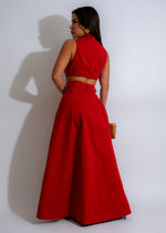 Elegant and flattering red maxi dress with sculpted details and flowing silhouette