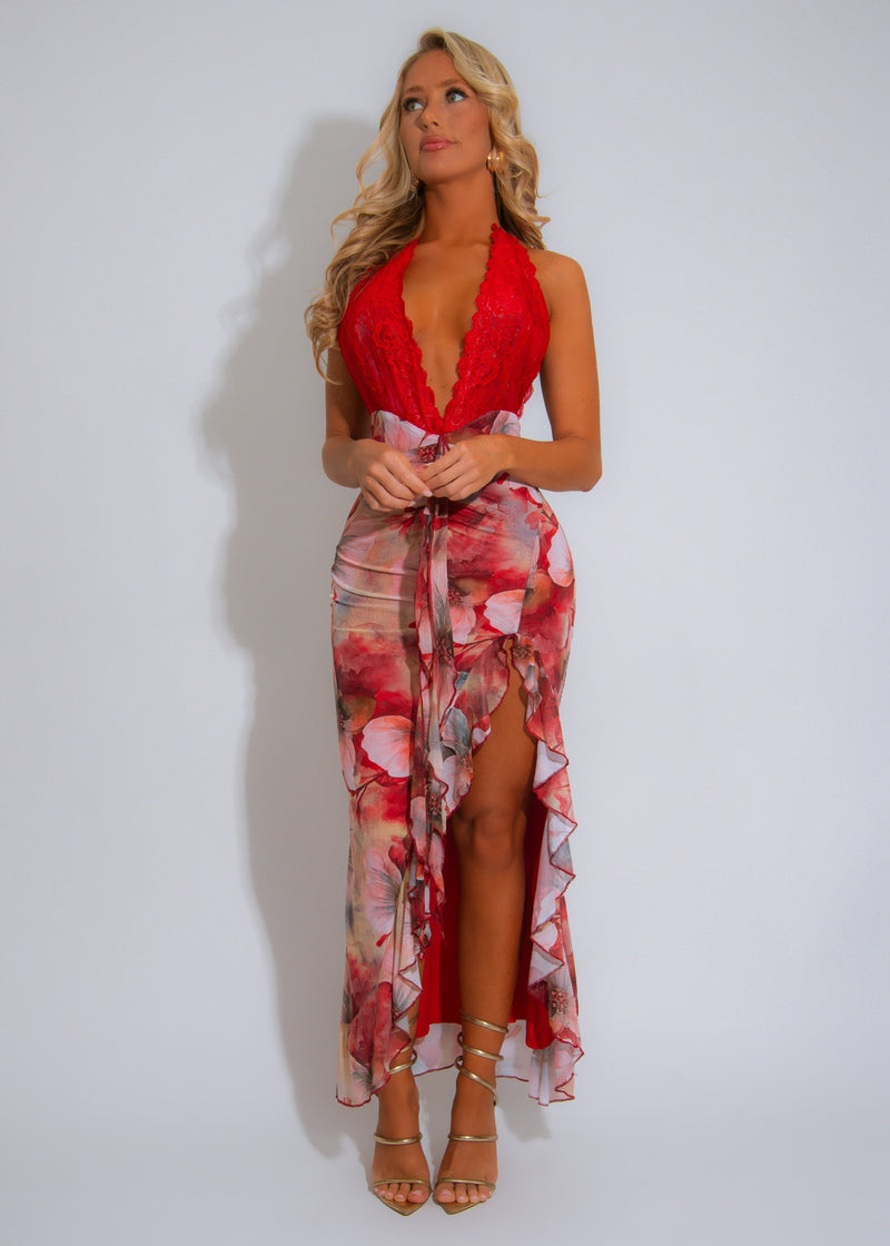 The Scarlet Bloom Ruched Lace Floral Maxi Dress Red