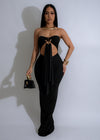 Elegant black ruched maxi dress with serpent print detailing 