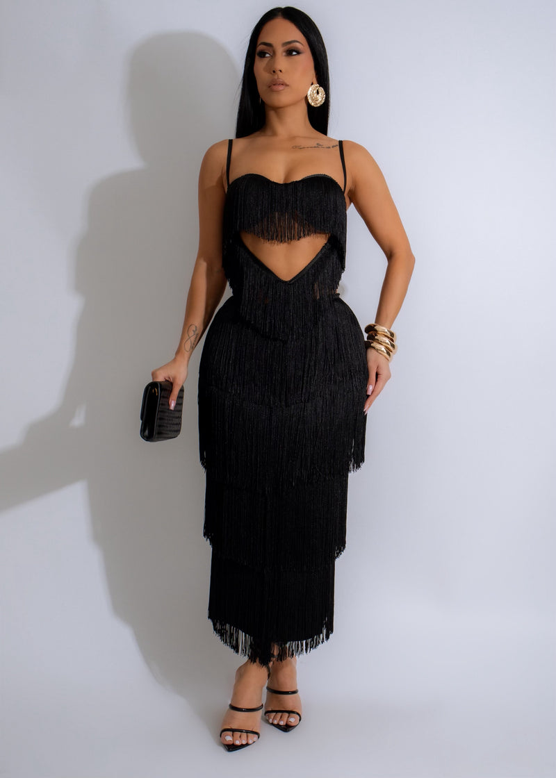 Twilight Tango Fringes Midi Dress Black with elegant tassel detailing