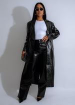 Nocturne Trench Faux Leather Coat Black styled with a belt