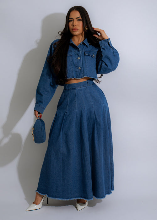 Stylish and trendy Urban Raw Edge Skirt Set Denim outfit