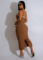  Sahara Chic Midi Dress Brown, a beautiful and versatile brown dress featuring a stylish midi length, unique embroidery details, and a comfortable fit, ideal for both casual and formal events