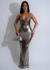 Eclipse Metallic Maxi Dress in Brown with Pleated Skirt and V-Neckline