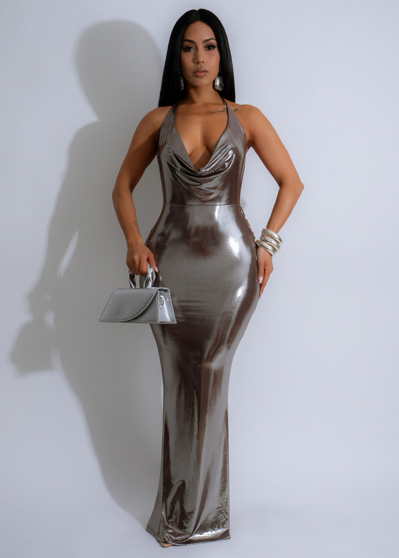 Eclipse Metallic Maxi Dress in Brown with Pleated Skirt and V-Neckline