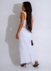 Alt text: A modern lady lace skirt set in elegant white color, perfect for formal occasions and stylish events