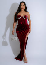 Obsidian Reverie Velvet Rhinestones Maxi Dress Red with elegant rhinestone detailing and luxurious velvet fabric