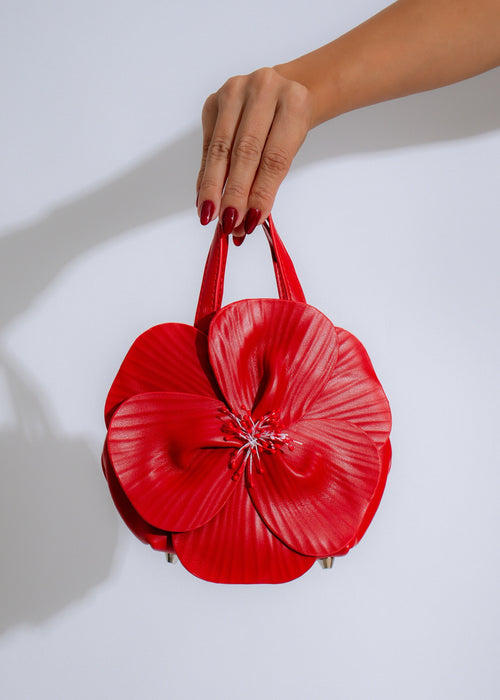 Petal Perfection Handbag Red with floral pattern and gold hardware