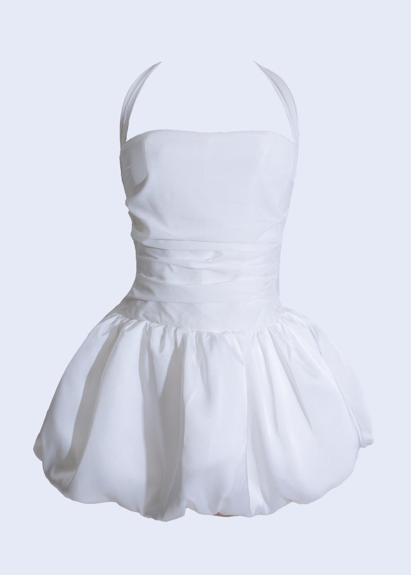 Beautiful white Cloudlight Ruffle Satin Mini Dress with elegant design