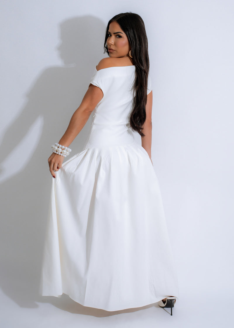  Stunning full-length view of Divine Essence Midi Dress in classic white, perfect for special occasions or a night out