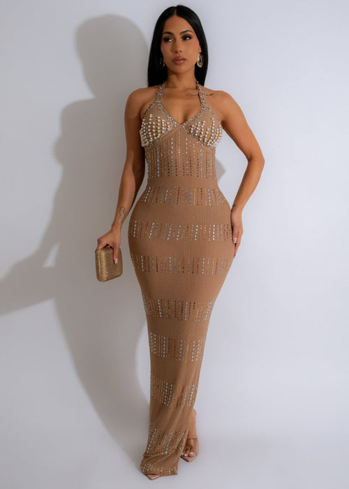 On To The Next Rhinestones Maxi Dress Nude showcased on a model walking down a runway with elegant and glamorous design