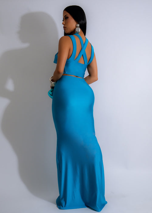  Twisted Elegance Skirt Set Blue - Close up of the fabric texture, showcasing the rich blue color and luxurious feel