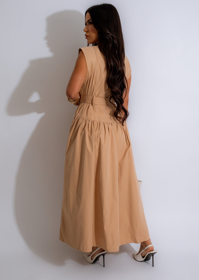  Beautiful nude-colored midi dress with a flattering silhouette and feminine details