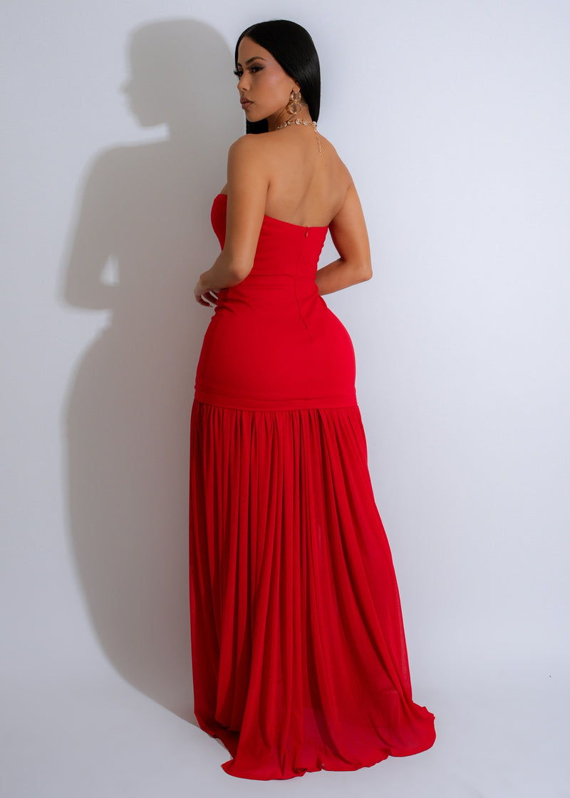 Gorgeous woman wearing the Moonlit Cascade Mesh Maxi Dress Red at a glamorous evening event