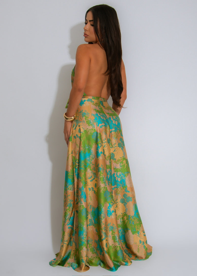 Enchanted Oasis Satin Floral Maxi Dress Green