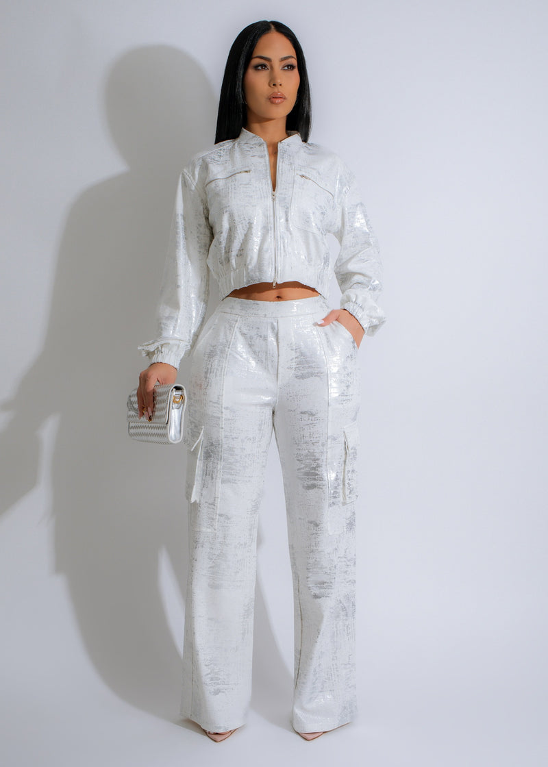 Luxe Shimmer Cargo Pant Set Silver, featuring metallic silver fabric and cargo pockets, perfect for a glamorous and trendy look 