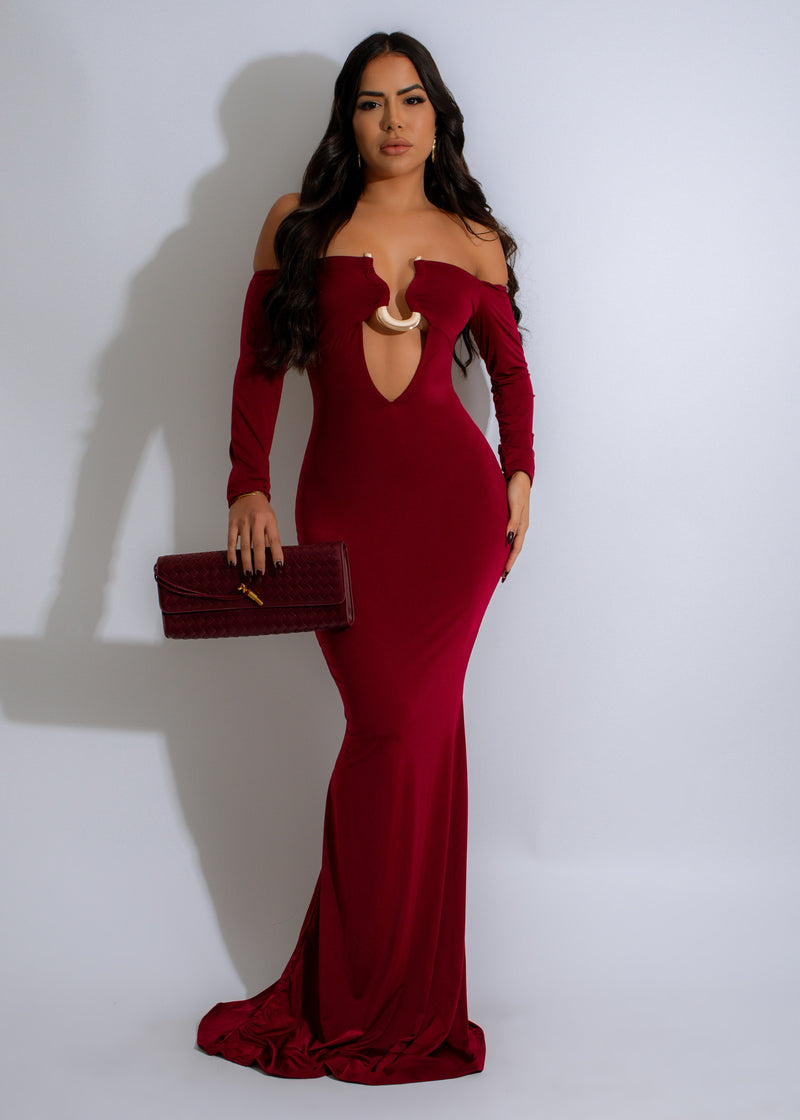 Full-length red maxi dress with elegant lace detailing and flowing skirt