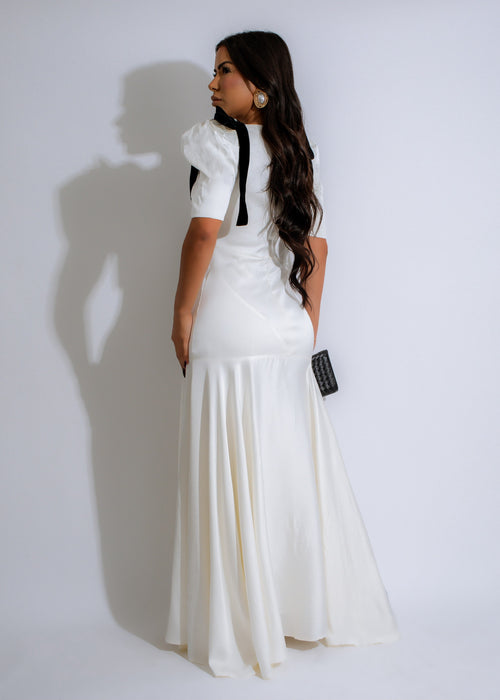 Flowing and elegant white satin maxi dress with ribbon detailing