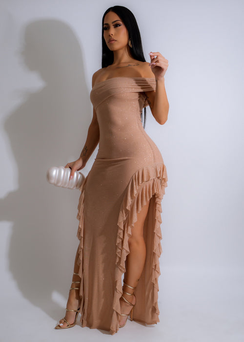 Moonlit Ruffle Maxi Dress Nude, a flowing and elegant evening gown,