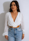 Mesh crop top in white with ruffled sleeves and a high neckline