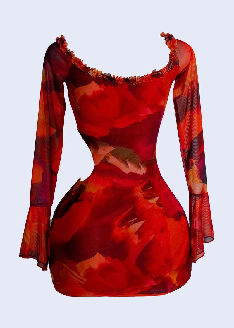 Fiery orange mesh mini dress with floral pattern and ruffled hem