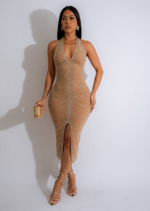 Beautiful nude midi dress with glamorous mesh and rhinestone detailing