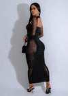  Full-length image of the Cosmic Glow Rhinestones Maxi Dress Black with plunging neckline and flowing skirt