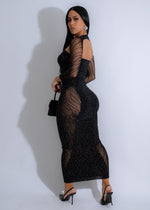  Full-length image of the Cosmic Glow Rhinestones Maxi Dress Black with plunging neckline and flowing skirt