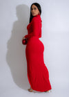 Beautiful woman wearing Keeping Secrets Maxi Dress in red, exuding confidence and style