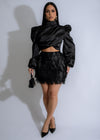 Alt text: A stylish and elegant Lumina Satin Skirt Set in black, perfect for any special occasion or evening event