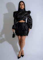 Alt text: A stylish and elegant Lumina Satin Skirt Set in black, perfect for any special occasion or evening event