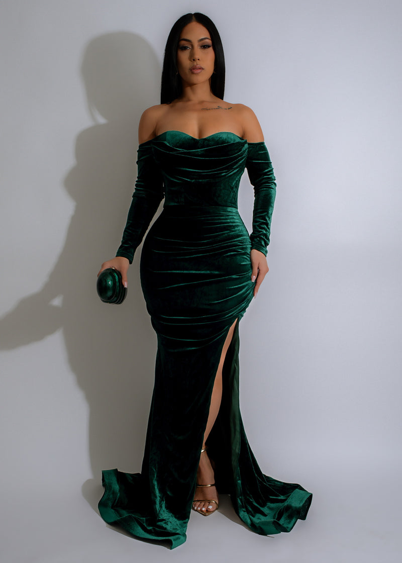 Velvet Rose Maxi Dress Green in luxurious emerald color with elegant floral pattern