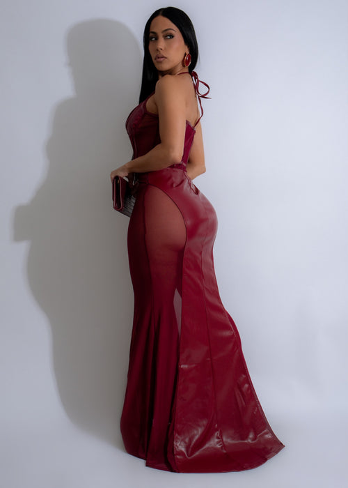 Alt text: Eclipse Muse Mesh Faux Leather Maxi Dress in bold red color, perfect for making a statement at any special occasion