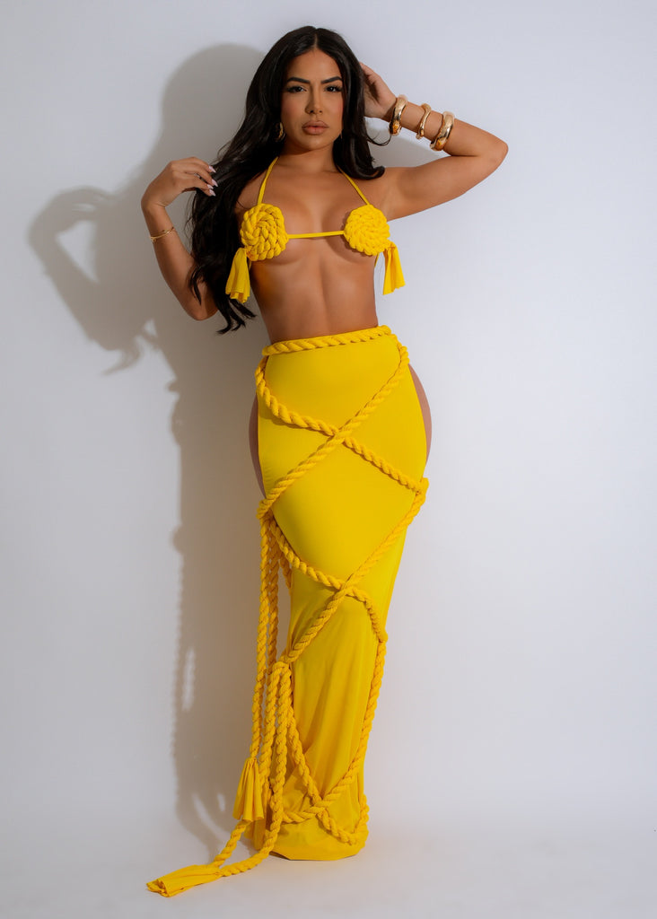 Beachside Braided Skirt Set Yellow, a comfortable and stylish summer outfit, perfect for beach vacations and casual outings