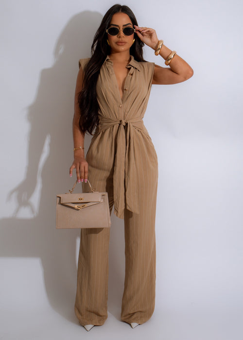 Desert Chic Linen Jumpsuit Brown with V-neck and tie waist detail