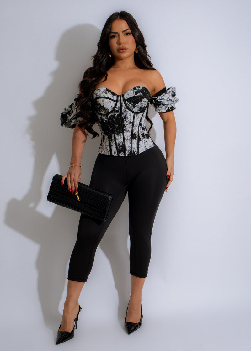 Renaissance Charm Crop Top Black with intricate lace and floral design