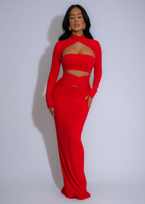 Tidal Grace Maxi Dress Red, a stunning floor-length red dress with elegant design and flowing silhouette, perfect for formal events and special occasions