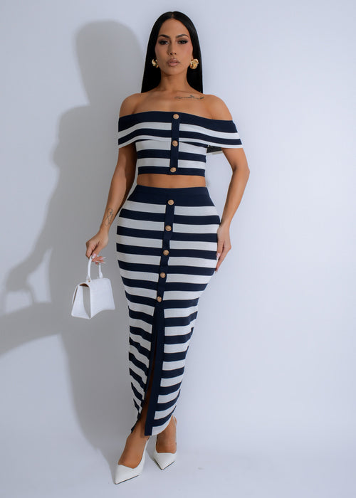 Riviera Stride Stripes Skirt Set Blue, a stylish and comfortable outfit perfect for summer days at the beach or a casual day out on the town